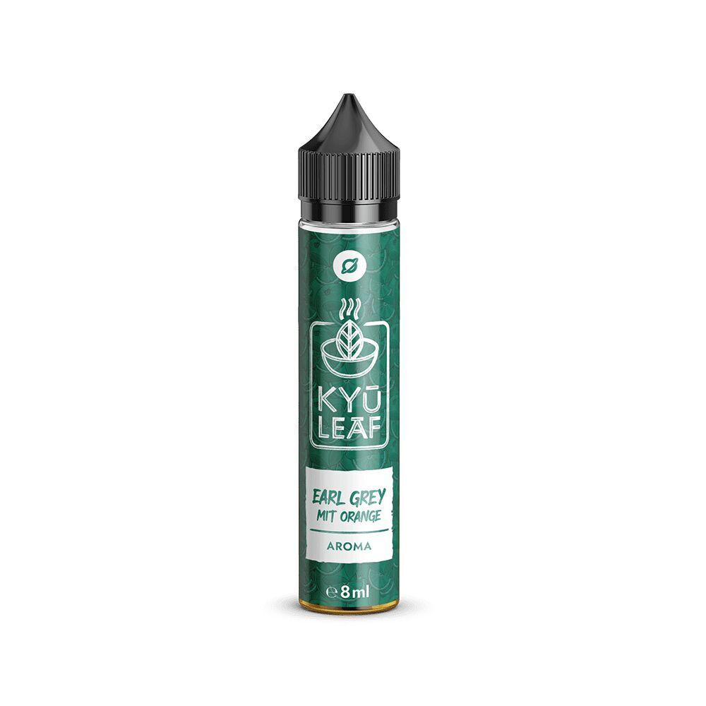 Flavorverse Aroma Earl Grey mit Orange in 8ml Flasche, grünes Design mit Kappe und KYU Leaf Logo.