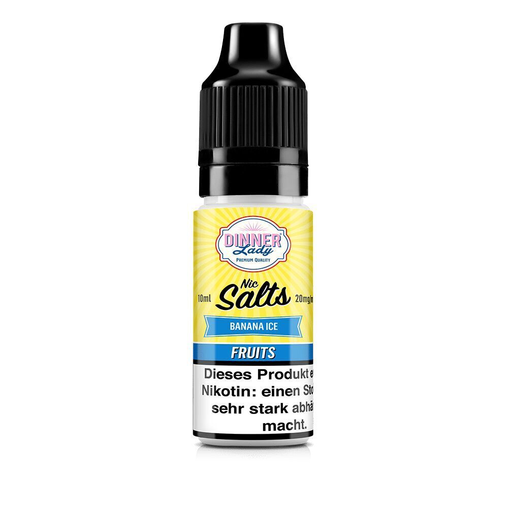 Dinner Lady Nikotinsalzflasche Banana Ice 20mg, gelbes Etikett mit blauem Akzent, Aufschrift "Fruits", 10ml Inhalt, Warnhinweis über Nikotin.