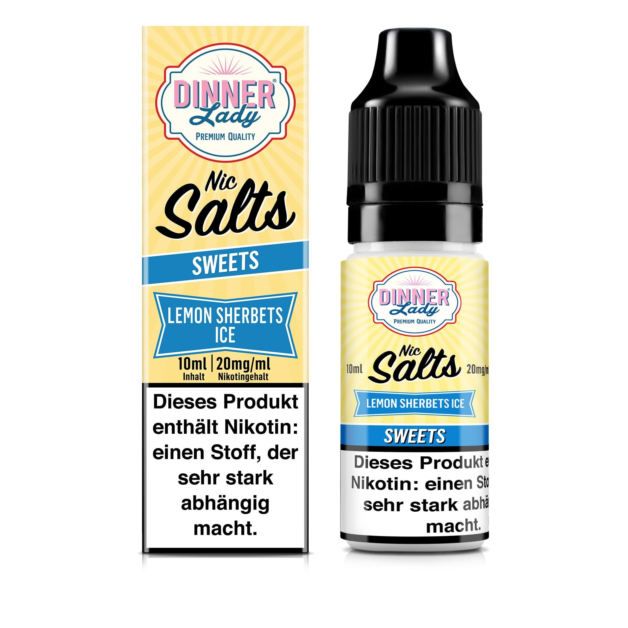 Liquid Lemon Sherbets Ice von Dinner Lady Dinner Lady Nikotinsalz Lemon Sherbets Ice Flasche und Verpackung mit gelber und blauer Gestaltung, enthält 10ml und 20mg/ml Nikotin.