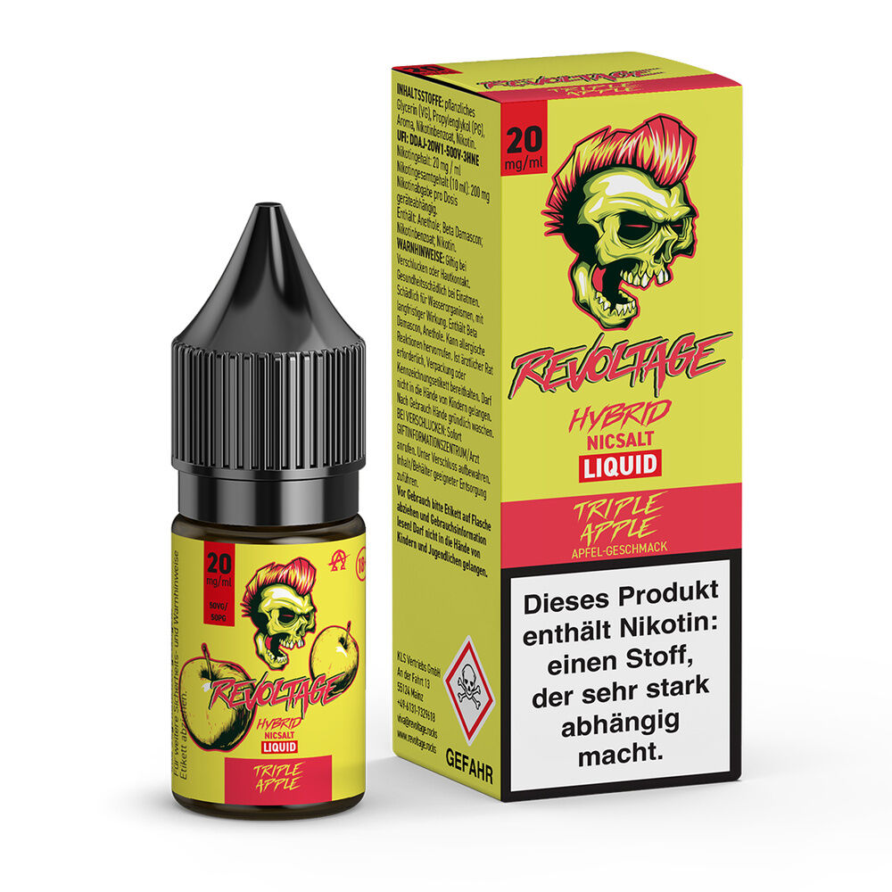 Revoltage Hybrid Liquid - Triple Apple 20mg Flasche mit tropfenförmigem Deckel und Verpackung, beide mit Totenkopf-Motiv und Apfelgeschmackshinweis