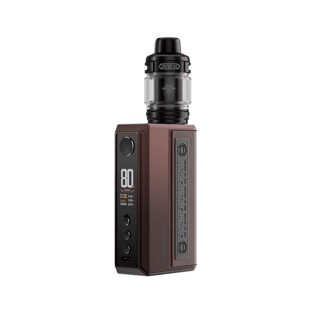 Voopoo Drag 5 Kit in der Farbe Gradient Brown Voopoo Drag 5 Kit in Gradient Brown mit schwarzem Mundstück, Display mit 80, einem großen Knopf und zwei kleinen Knöpfen darunter.