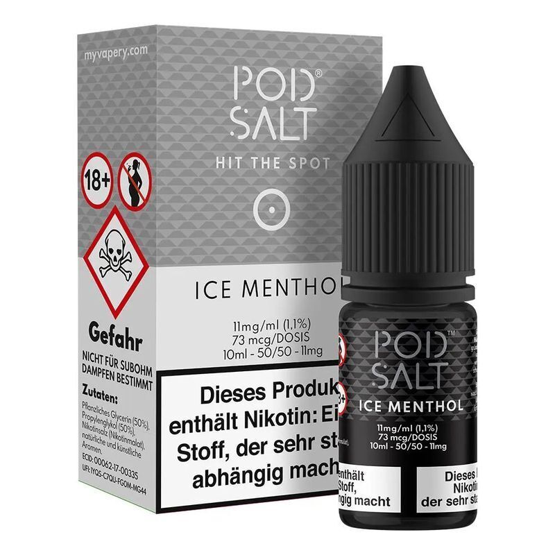 Liquid Ice Menthol von Pod Salt Core Pod Salt Core Ice Menthol Nikotinsalzflasche und Verpackung mit Gefahrenhinweis, für über 18 Jahre, 11mg/ml Nikotingehalt.