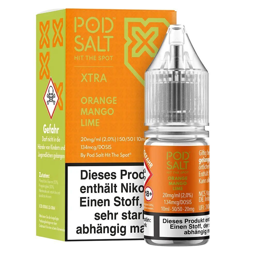 Liquid Orange Mango Lime mit 20mg Nikotin von Pod Salt Xtra Pod Salt Xtra Nikotinsalzflasche und Verpackung, Geschmacksrichtung Orange Mango Lime, auffällige Warnhinweise, Produktlogo sichtbar.