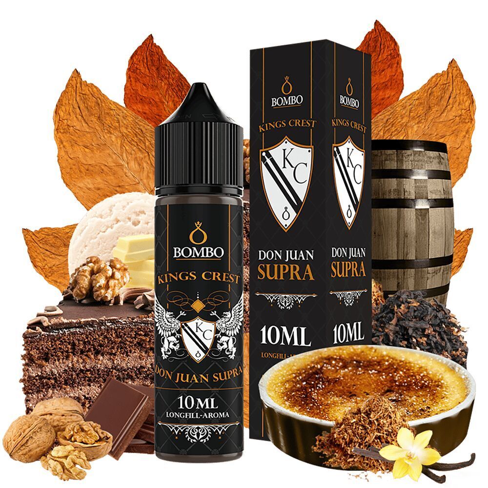 Kings Crest Aroma - Don Juan Supra Kings Crest Aroma Don Juan Supra 10ml Flasche und Box, umgeben von Tabakblättern, Brownie, Crème brûlée, Nüssen und Vanilleblüte.