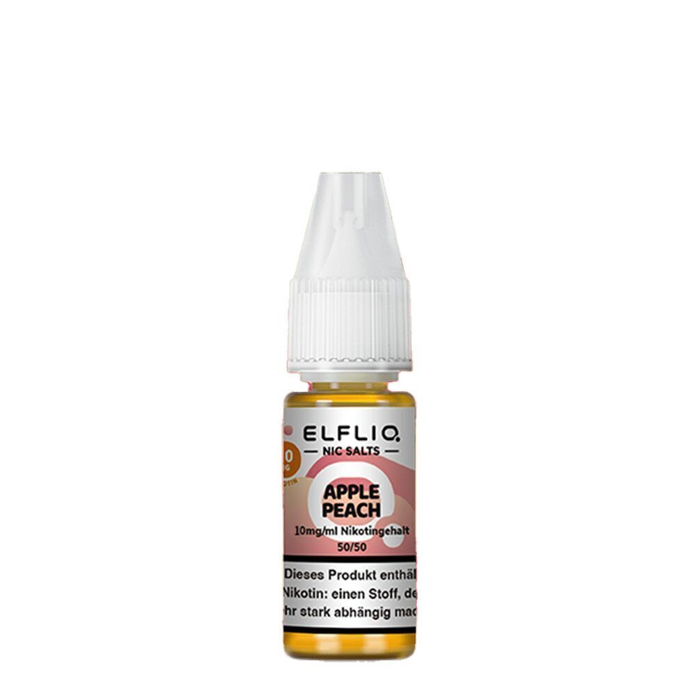 Elfliq Nikotinsalz - Apple Peach 10mg Elfliq Nikotinsalz-Flasche mit Apple Peach 10mg/ml Nikotingehalt, weißem Verschluss und farbigem Etikett