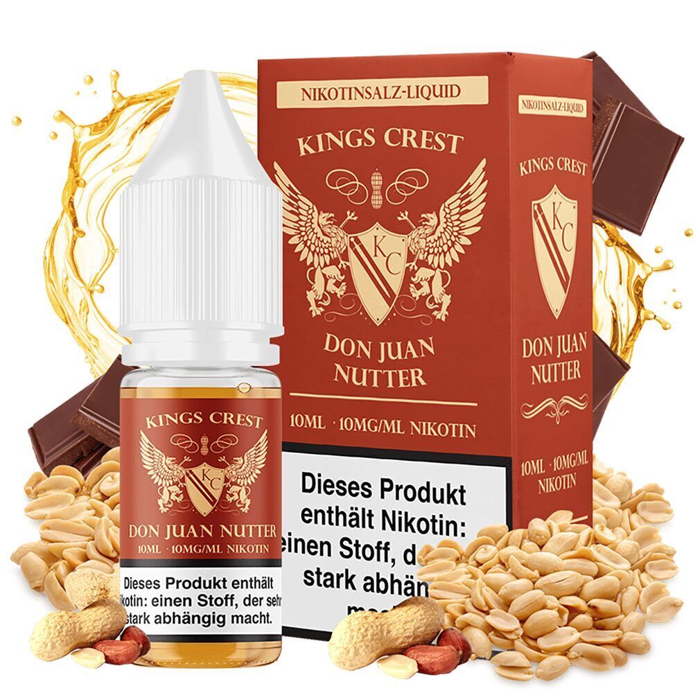 Kings Crest Nikotinsalz - Don Juan Nutter Kings Crest Nikotinsalz Don Juan Nutter 10ml Flasche mit Verpackung, Erdnüssen, Schokolade und warnendem Hinweis auf Nikotinsucht.