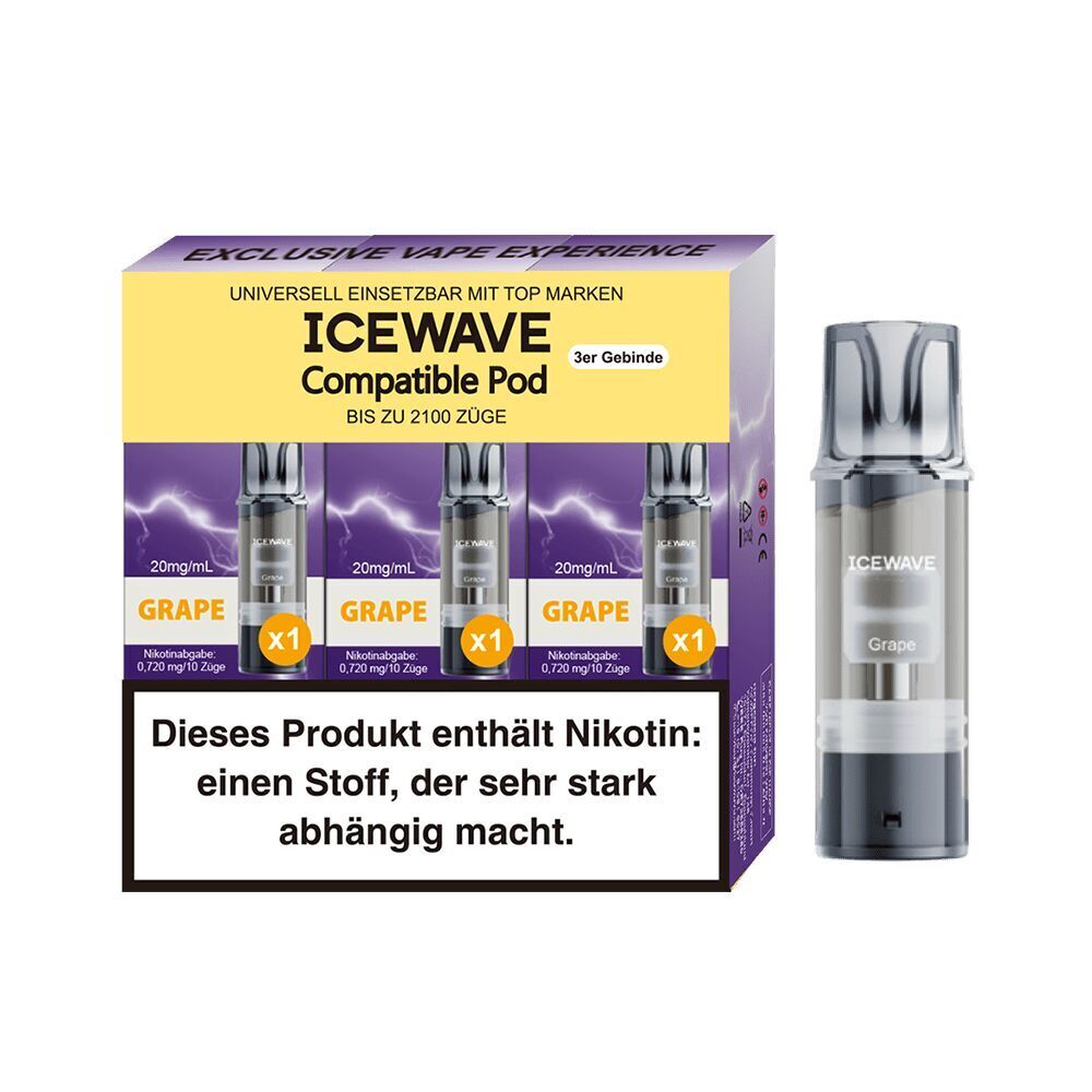 Icewave Pods - Grape 20mg Icewave Pods Grape 20mg Verpackung mit drei kompatiblen Pods und einer Nikotinwarnung, jeweils 20mg/ml Nikotingehalt, bis zu 2100 Züge
