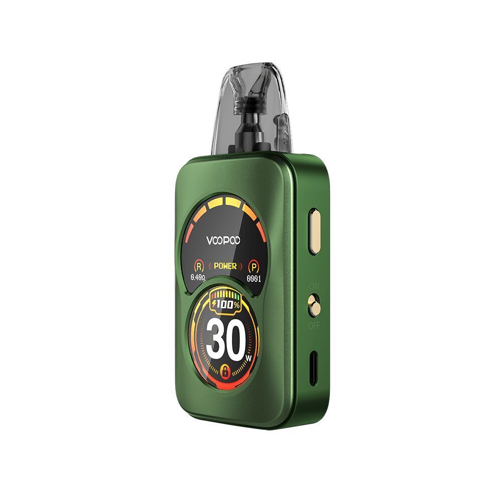 Grünes Voopoo Argus A Pod Kit mit digitaler Anzeige, die den Ladezustand, Wattzahl und Widerstand zeigt, neben einem seitlichen Schalter.