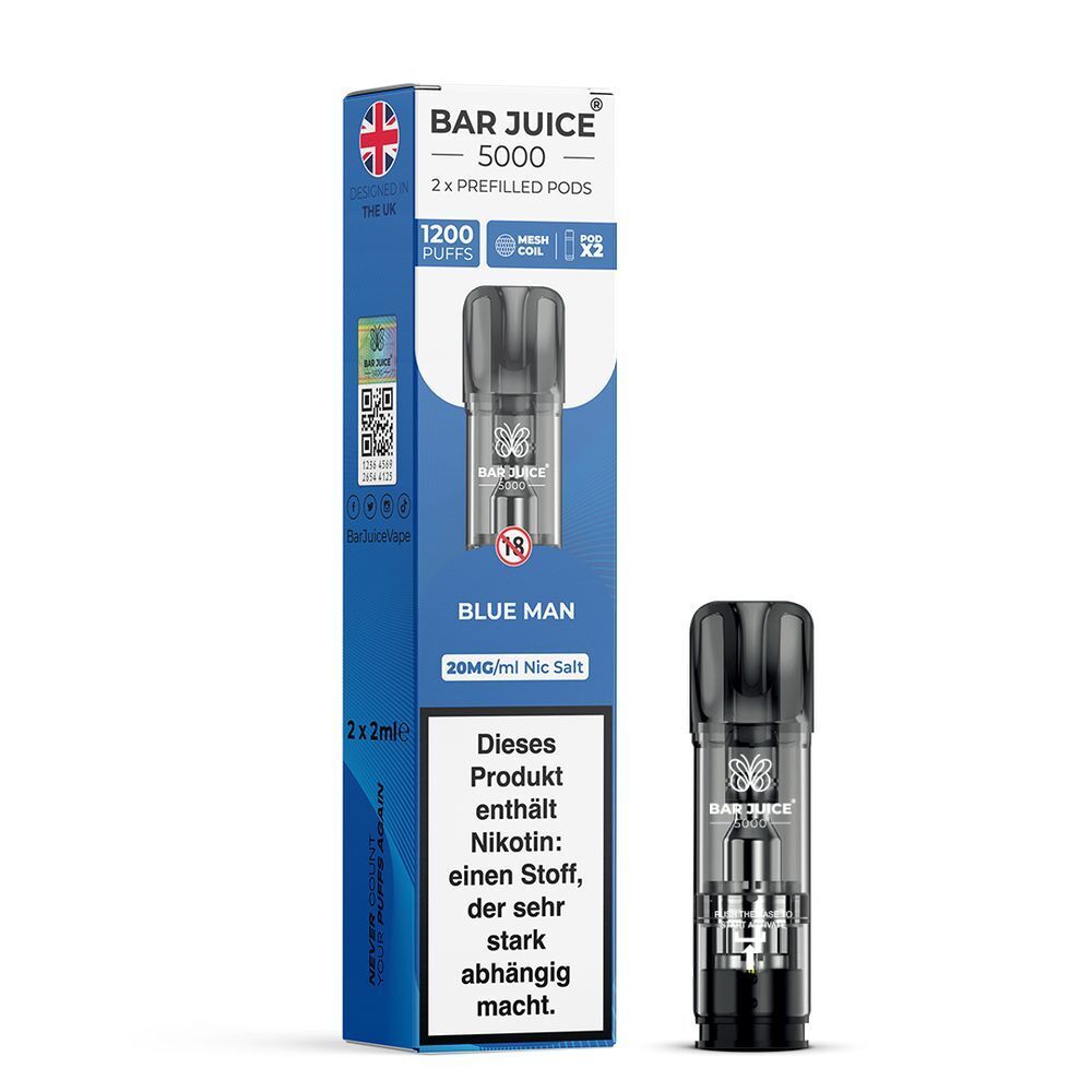 Blue Man 20mg - Bar Juice 5000 Pods Bar Juice 5000 Pods Blue Man 20mg Verpackung und Pod mit Hinweis auf Nikotinsuchtpotenzial, britische Flagge auf der Box