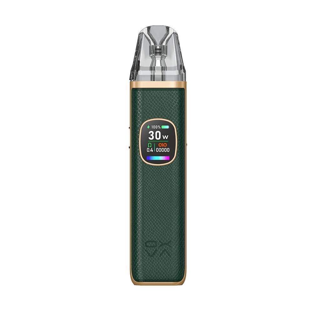 Oxva Xlim Pro 2 Pod Kit in der Farbe Green Python Oxva Xlim Pro 2 Pod Kit in Green Python, zeigt ein Display mit Anzeigen für Akkuladestand, Leistung (30W) und weitere Parameter.