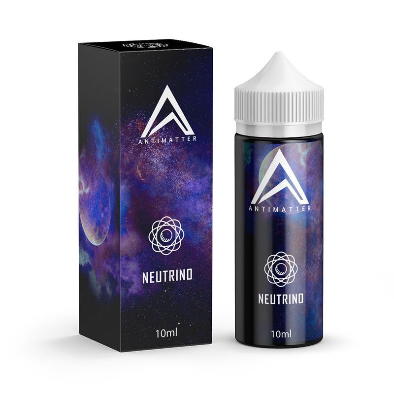 Aroma Neutrino von Antimatter Antimatter Aroma Neutrino, Flasche und Verpackung mit kosmischem Design und Antimatter-Logo, 10 ml, lila-blauer Hintergrund.
