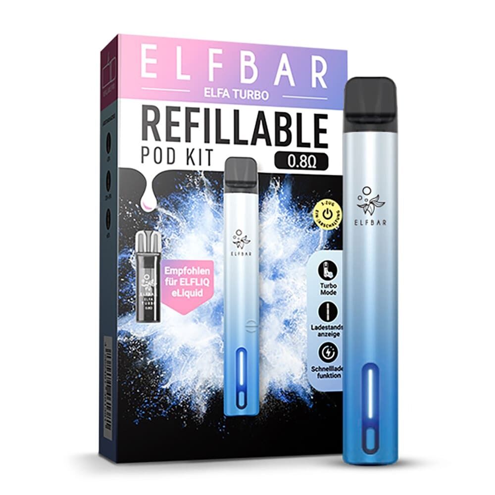 Elfa Turbo Pod Kit von Elf Bar in der Farbe Aurora Cyan Elfbar ELFA Turbo Pod Kit in Aurora Cyan mit Aufschrift, umgeben von Wasser-Explosionsgrafik, Verpackung zeigt Leistung und Ladeanzeige