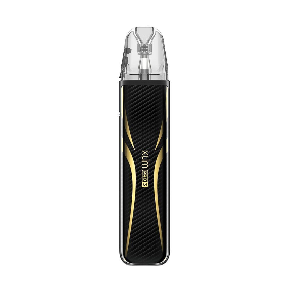 Oxva Xlim Pro 3 Pod Kit - Pro Carbon Oxva Xlim Pro 3 Pod Kit in schwarz mit goldenen Akzenten und sichtbarem Xlim Pro 3 Branding auf der Vorderseite