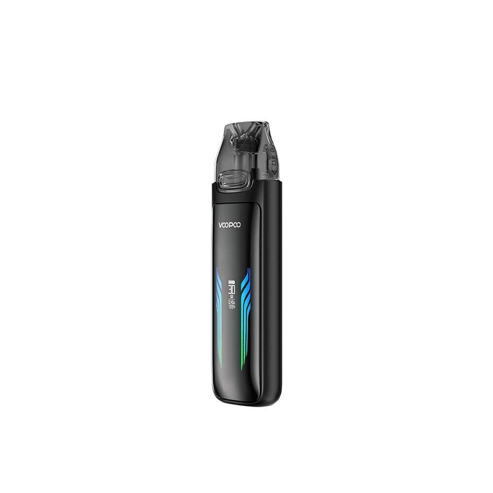 Voopoo VMATE Max Pod Kit Voopoo VMATE Max Pod Kit in Schwarz mit farbigen Linien, durchsichtigem Mundstück und sichtbarem Voopoo-Logo.