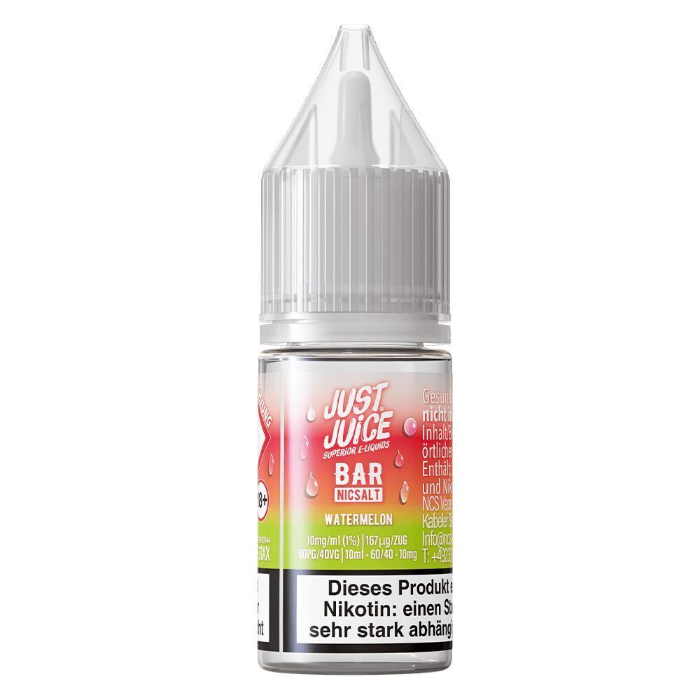 Liquid Watermelon 10mg - Just Juice Just Juice Nikotinsalzflasche mit Watermelon-Geschmack, Etikett in Rot und Grün, enthält Nikotin, Hinweistext unten auf Deutsch sichtbar