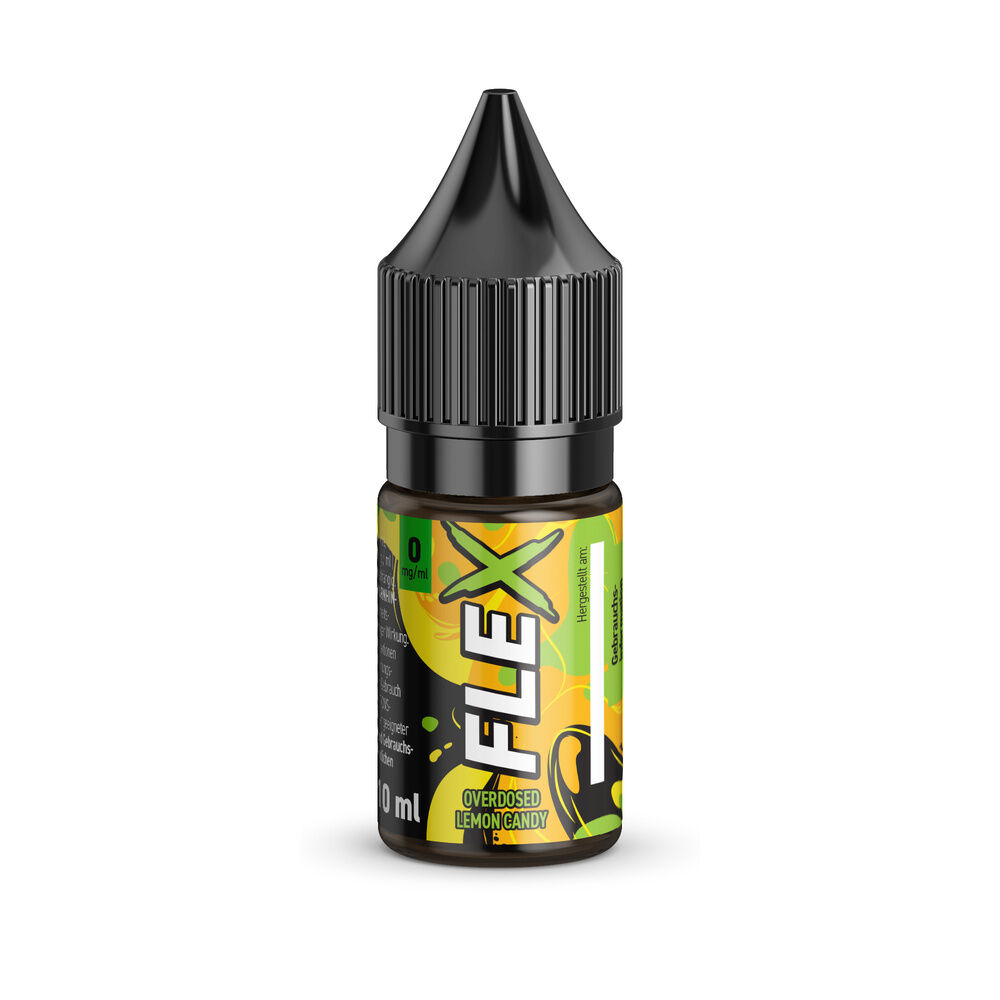 E-Liquid-Flasche mit schwarzem Verschluss, grünes und gelbes Etikett, Aufschrift „FLEX - Overdosed Lemon Candy“, 10ml, 0mg Nikotin