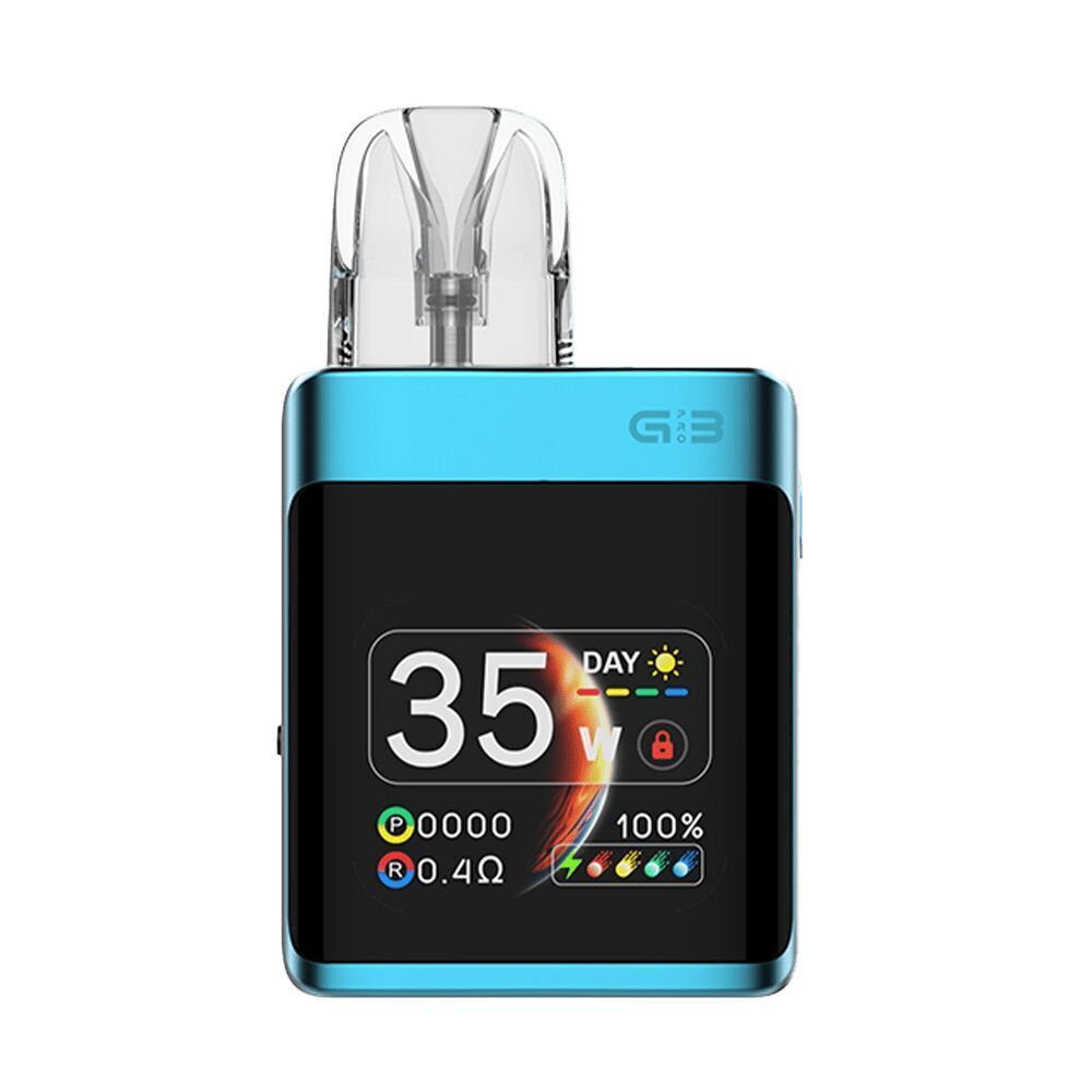 Uwell Caliburn G3 Pro Koko Pod Kit in der Farbe Sky Blue Uwell Caliburn G3 Pro Koko Pod Kit Sky Blue mit Display, zeigt Wattzahl, Akkuanzeige und Farbsymbole, transparente Kartusche oben.