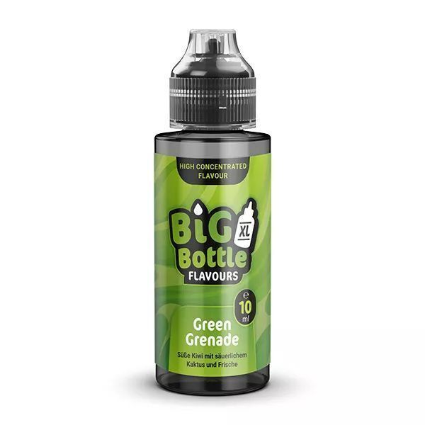 Aroma Green Grenade von Big Bottle Flavours Big Bottle Flavours Aroma Green Grenade, 10 ml Flasche, grün, mit Text "Süße Kiwi mit saurem Kaktus und Frische" auf dem Etikett.