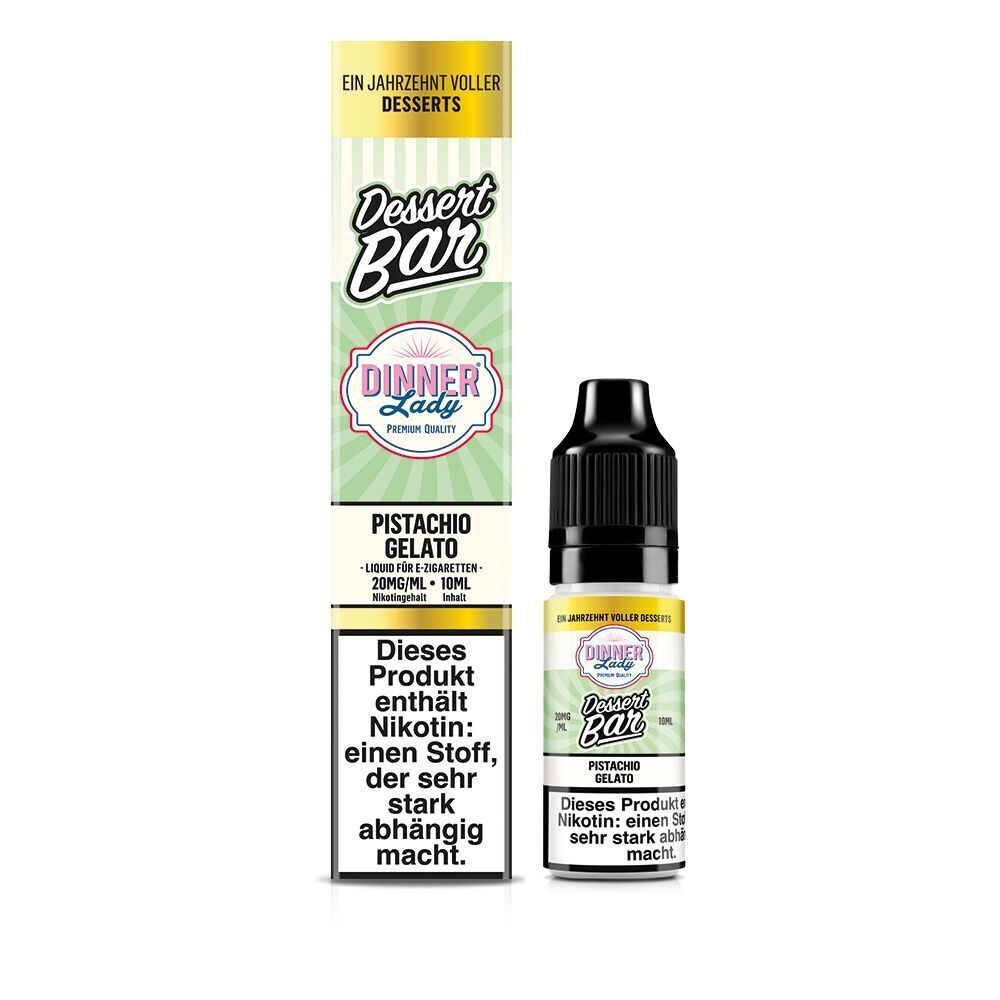 Liquid Pistachio Gelato 20mg - Dinner Lady Nikotinsalz Dinner Lady Dessert Bar Pistachio Gelato Nikotinsalz 20mg, E-Zigaretten-Liquid mit Warnhinweis auf Flasche und Verpackung.