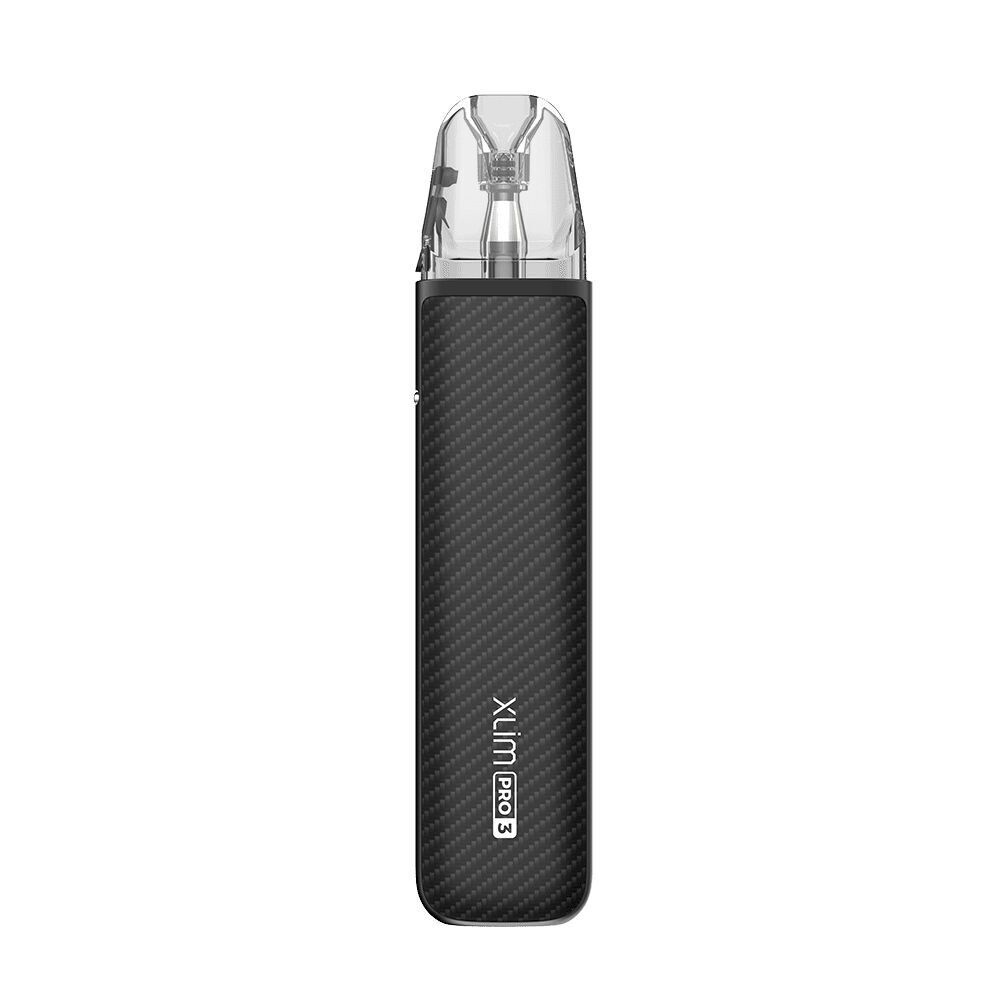 Oxva Xlim Pro 3 Pod Kit - Black Carbon Oxva Xlim Pro 3 Pod Kit in Schwarz mit Carbonoptik, durchsichtiger Kappe und sichtbarem Xlim Pro 3 Logo.