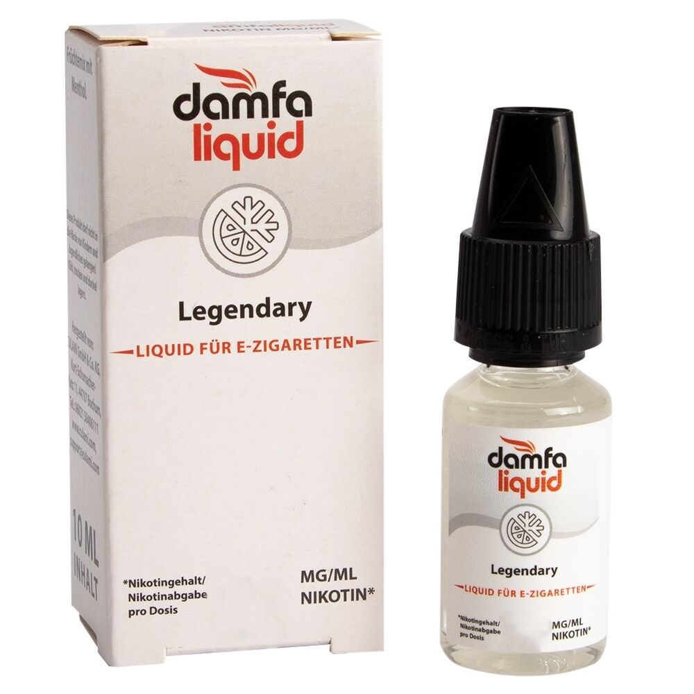 Liquid Legendary 12mg - Damfaliquid Flasche und Verpackung von Damfaliquid Liquid Legendary 12mg, mit Grafik und Text "Liquid für E-Zigaretten", schwarze Verschlusskappe