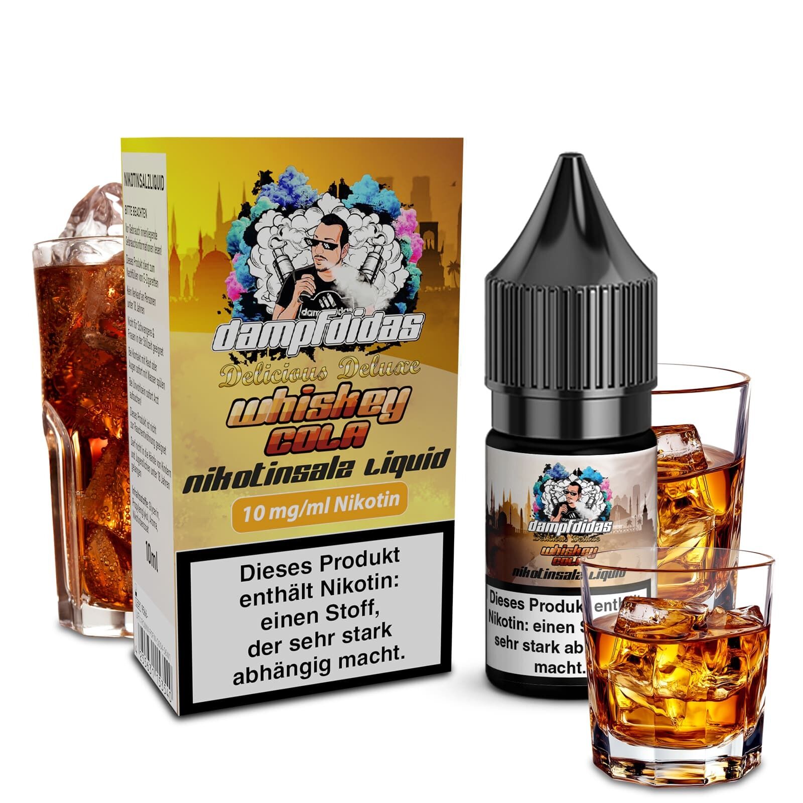 Liquid Whiskey Cola 10mg - Dampfdidas Dampfdidas Nikotinsalz Whiskey Cola Verpackung und Flasche, umgeben von mehreren Gläsern gefüllt mit Whisky und Cola auf Eis.