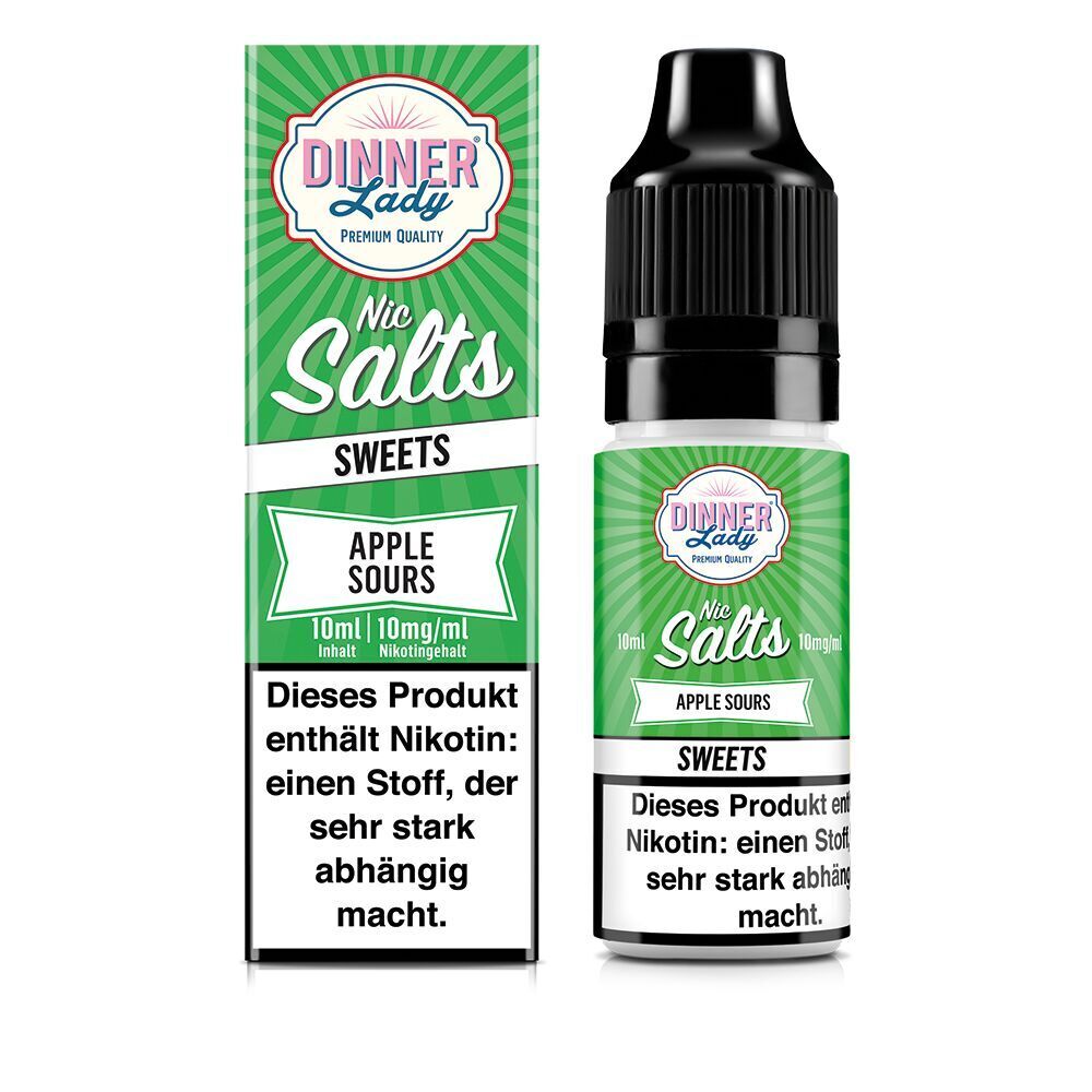 Liquid Apple Sours 10mg - Dinner Lady Nikotinsalz Dinner Lady Nic Salts Flasche und Verpackung in grün für Apple Sours 10mg, Warnhinweis über Niktotinabhängigkeit.