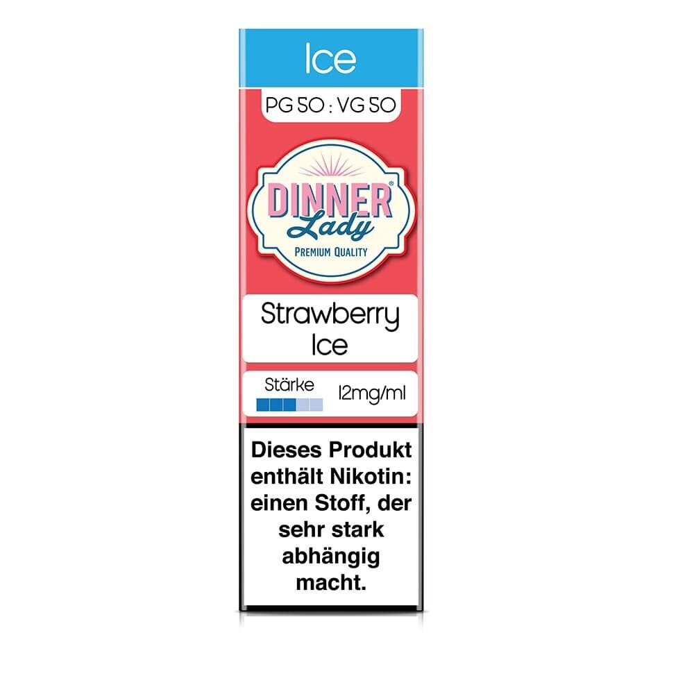 Dinner Lady Liquid Strawberry Ice 12mg Verpackung mit Nikotinwarnung, blauem und rotem Design, Stärkeangabe 12mg/ml.