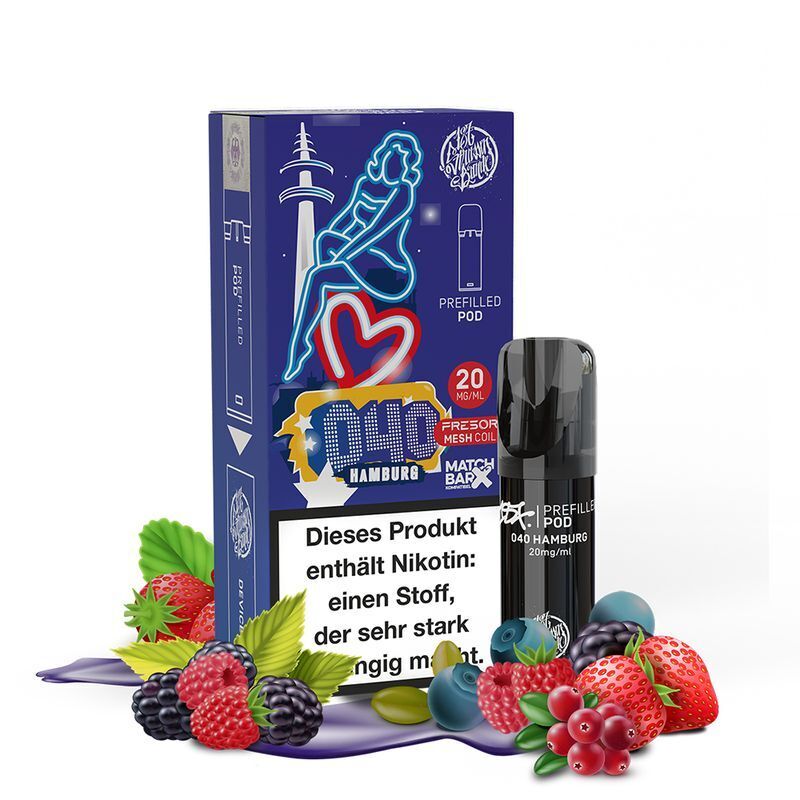 040 Hamburg 20mg - 187 Strassenbande Pods 187 Strassenbande Pod Packung mit grafischem Design, Schriftzug „040 Hamburg 20mg“, umgeben von Beerenabbildungen