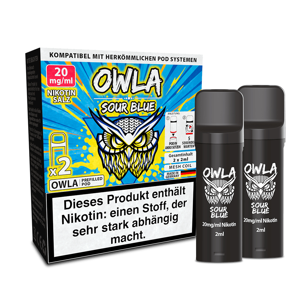 Owla Pods Sour Blue 20mg, Nikotinsalz, zeigt zwei schwarze vorgefüllte Pods und eine bunte Verpackung mit einer Eule.