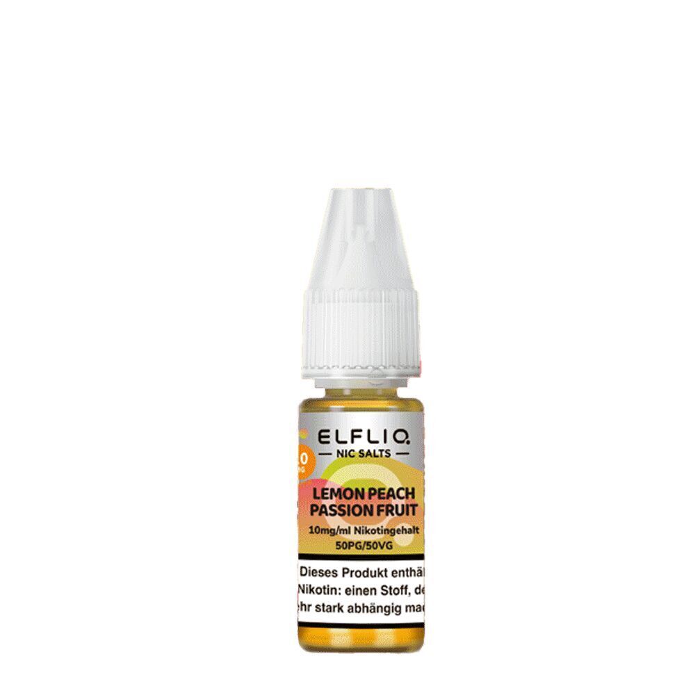 Elfliq Nikotinsalz - Lemon Peach Passion Fruit 10mg Flasche mit weißem Verschluss und Etikett beschriftet mit "Elfliq Nic Salts Lemon Peach Passion Fruit 10mg/ml Nikotingehalt 50PG/50VG 10ml".