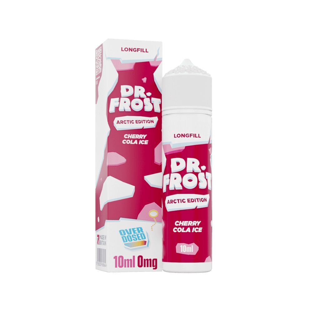 Aroma Cherry Cola Ice - Dr. Frost Dr. Frost Arctic Edition Cherry Cola Ice Aroma in 10ml Flasche und Kartonverpackung mit rosa Eis Design, Longfill und 0mg Nikotintext sichtbar