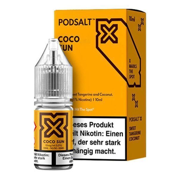Liquid Coco Sun von Pod Salt X Pod Salt Nikotinsalz Coco Sun X, eine gelbe Verpackung mit Flasche, enthält süße Mandarine und Kokosnuss, 10 ml, 11 % Nikotin.