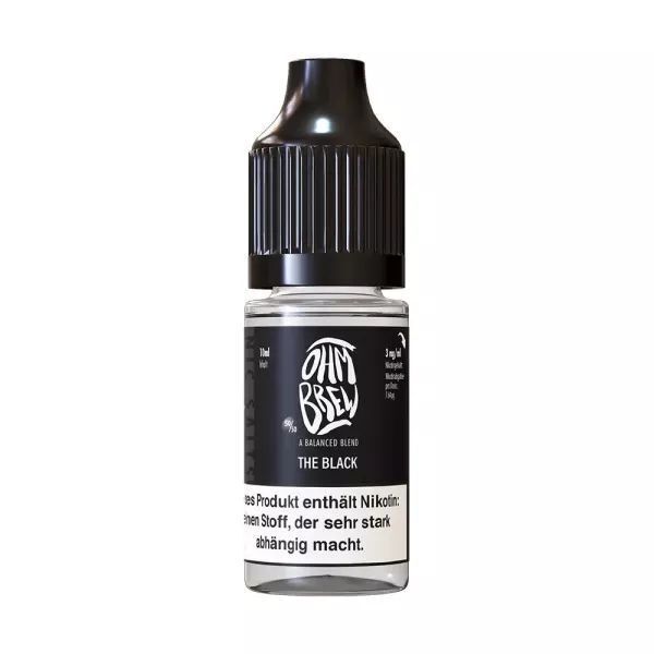 Liquid The Black 12mg - Ohm Brew Nikotinsalz Nikotinsalz-Flasche von Ohm Brew mit schwarzem Etikett, 12mg, enthält einen Hinweis auf Nikotinabhängigkeit.
