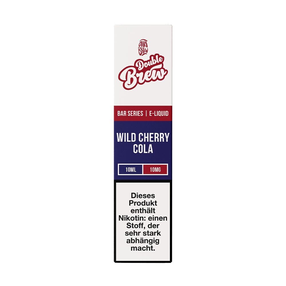 Double Brew E-Liquid Wild Cherry Cola 10mg, Verpackung mit Warnhinweis über Nikotinabhängigkeit, rot-weißer Schriftzug