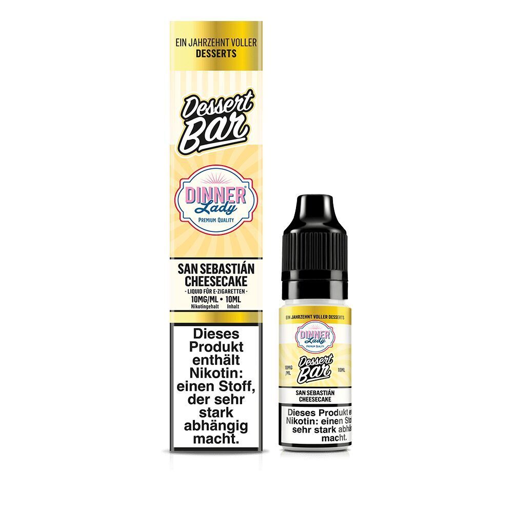 Liquid San Sebastian Cheesecake 10mg - Dinner Lady Nikotinsalz Dinner Lady Dessert Bar Nic Salt Flasche und Verpackung "San Sebastian Cheesecake" mit Warnhinweis zum Nikotin und Branding-Texten