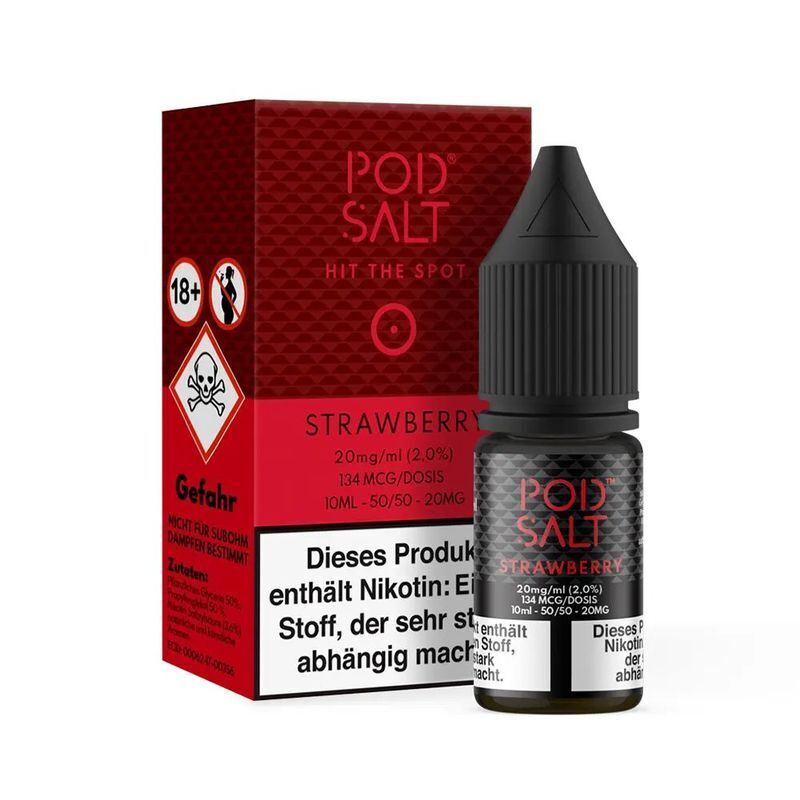 Liquid Strawberry mit 20mg Nikotin von Pod Salt Core Pod Salt Core Nikotinsalzflasche und Packung mit Erdbeergeschmack; Flaschenlabel zeigt Warnung vor Nikotinabhängigkeit, geeignet ab 18 Jahren