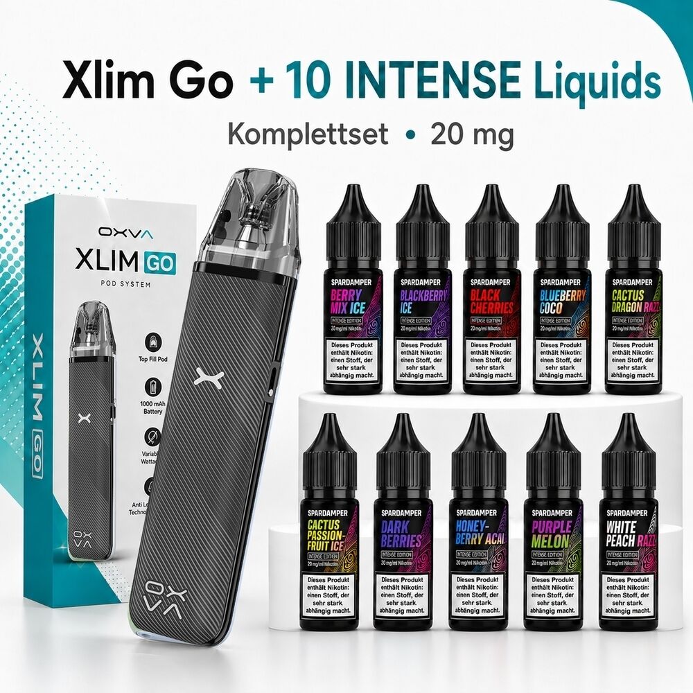 OXVA Xlim Go Komplettset – 10 INTENSE Liquids (20 mg) OXVA Xlim Go Gerät, Streifenmuster, mit Verpackung, umgeben von 10 SPARADAMPFER E-Liquids in verschiedenen Geschmacksrichtungen.