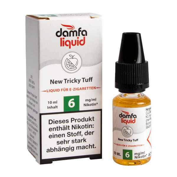 Liquid New Tricky Tuff 6mg - damfaliquid Damfaliquid New Tricky Tuff 6mg E-Zigaretten-Liquid, 10ml Flasche und Verpackung mit Warnhinweis zu Nikotinabhängigkeit.