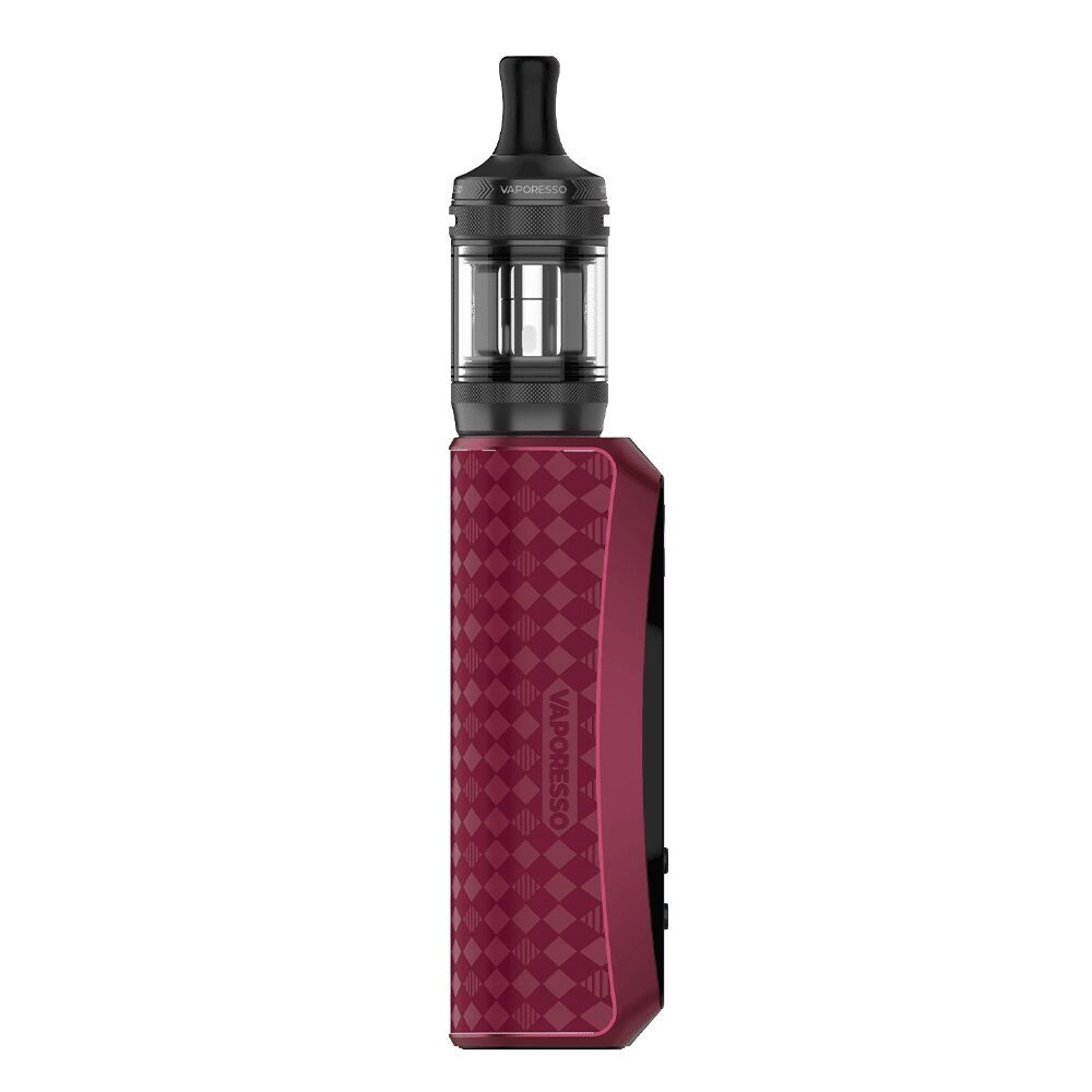Vaporesso GTX One Pro Box Kit in Rot mit schwarzem Tank und geriffeltem Gehäuse mostrando das Logo auf der Vorderseite