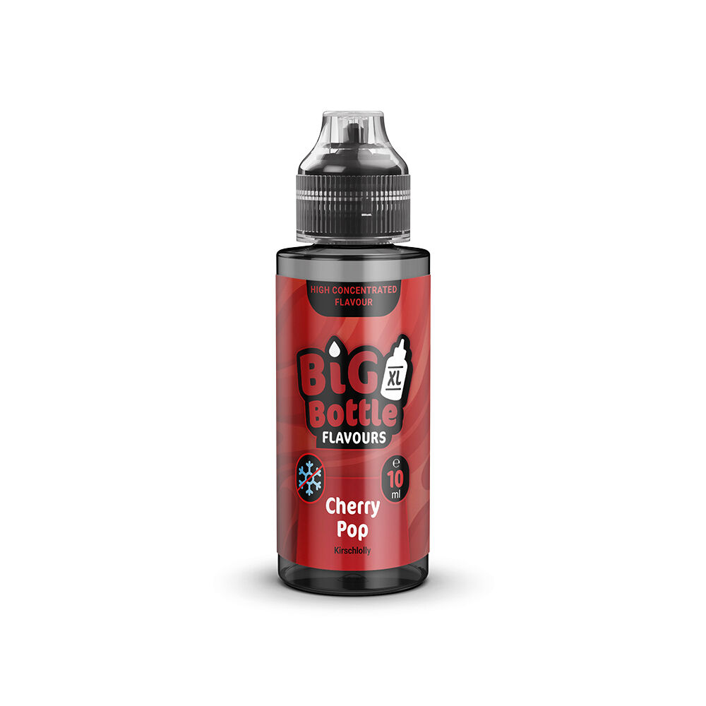 BBF240.jpg Flasche Big Bottle Flavours Cherry Pop Aroma mit rotem Etikett, 10 ml, XL Logo und Eiskristallsymbol.