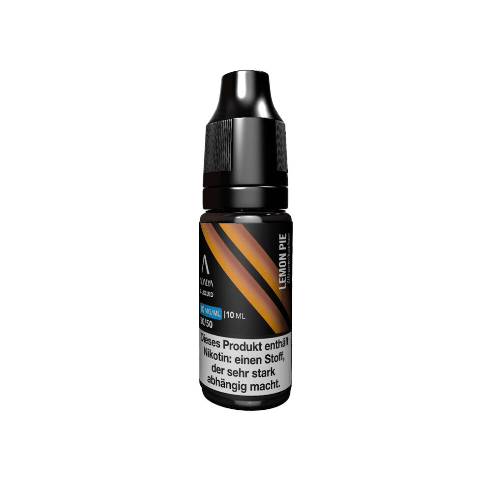 Adalya Nikotinsalz - Lemon Pie Adalya Nikotinsalz Lemon Pie Flasche mit 10 ml Inhalt und Nikotinwarnung, schwarze Kappe, braune und goldene Streifen auf dem Etikett