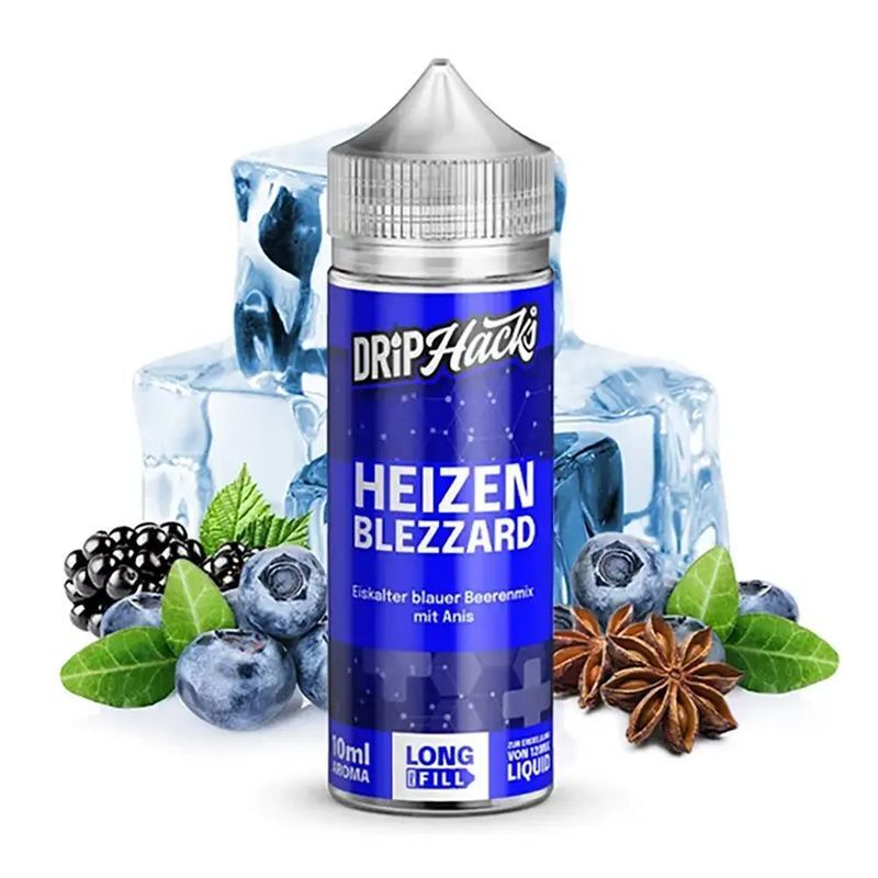 Aroma Heizen Blezzard von Drip Hacks Drip Hacks Aroma Heizen Blezzard Flasche vor Eisklötzen mit Brombeeren, Heidelbeeren, Anissternen und grünen Blättern.