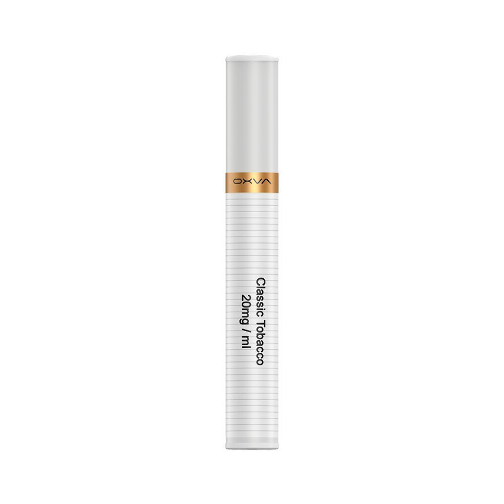 Oxva Slimstick Pods Classic Tobacco - 20mg Nikotinsalz Oxva Slimstick Pod in Weiß mit goldfarbenem Ring, Text Classic Tobacco 20mg/ml auffällig auf der Seite.