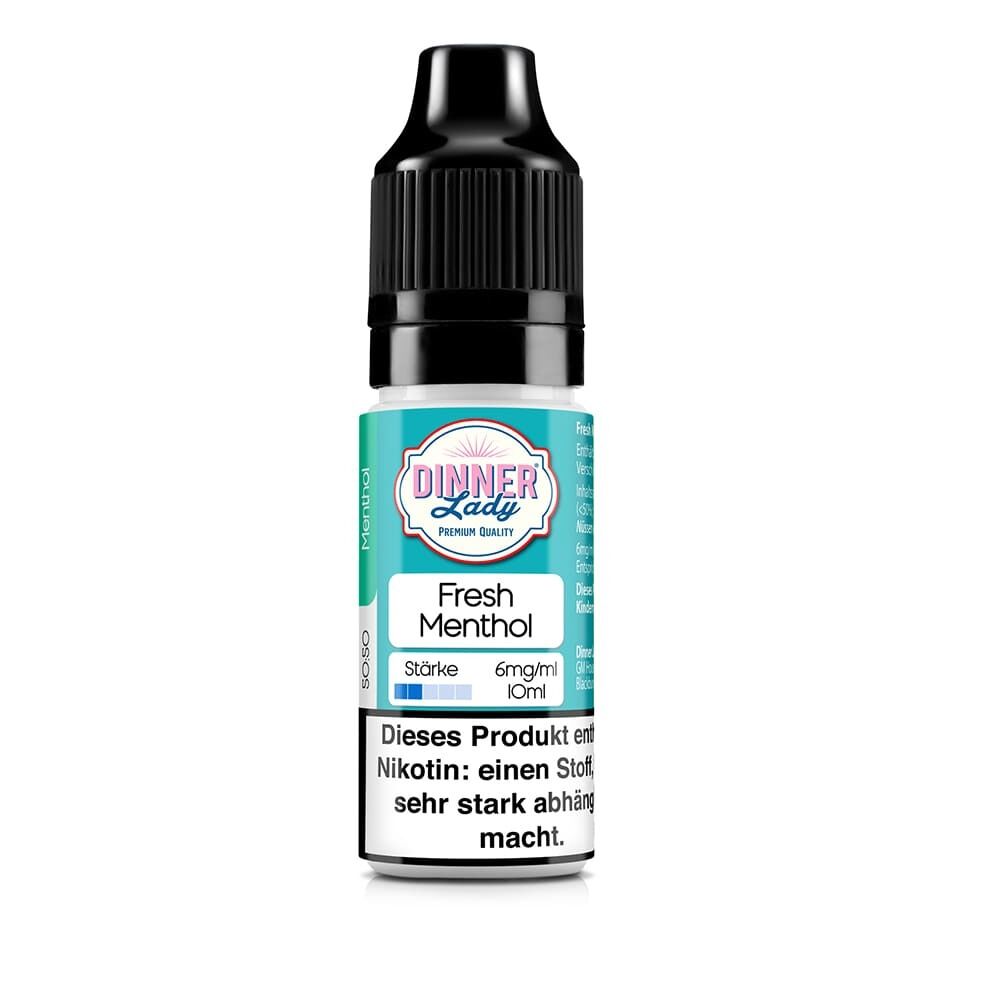 Dinner Lady Liquid Flasche mit der Aufschrift Fresh Menthol, Stärke 6mg/ml, 10ml, mit Warnhinweis, enthält Nikotin und macht stark abhängig.