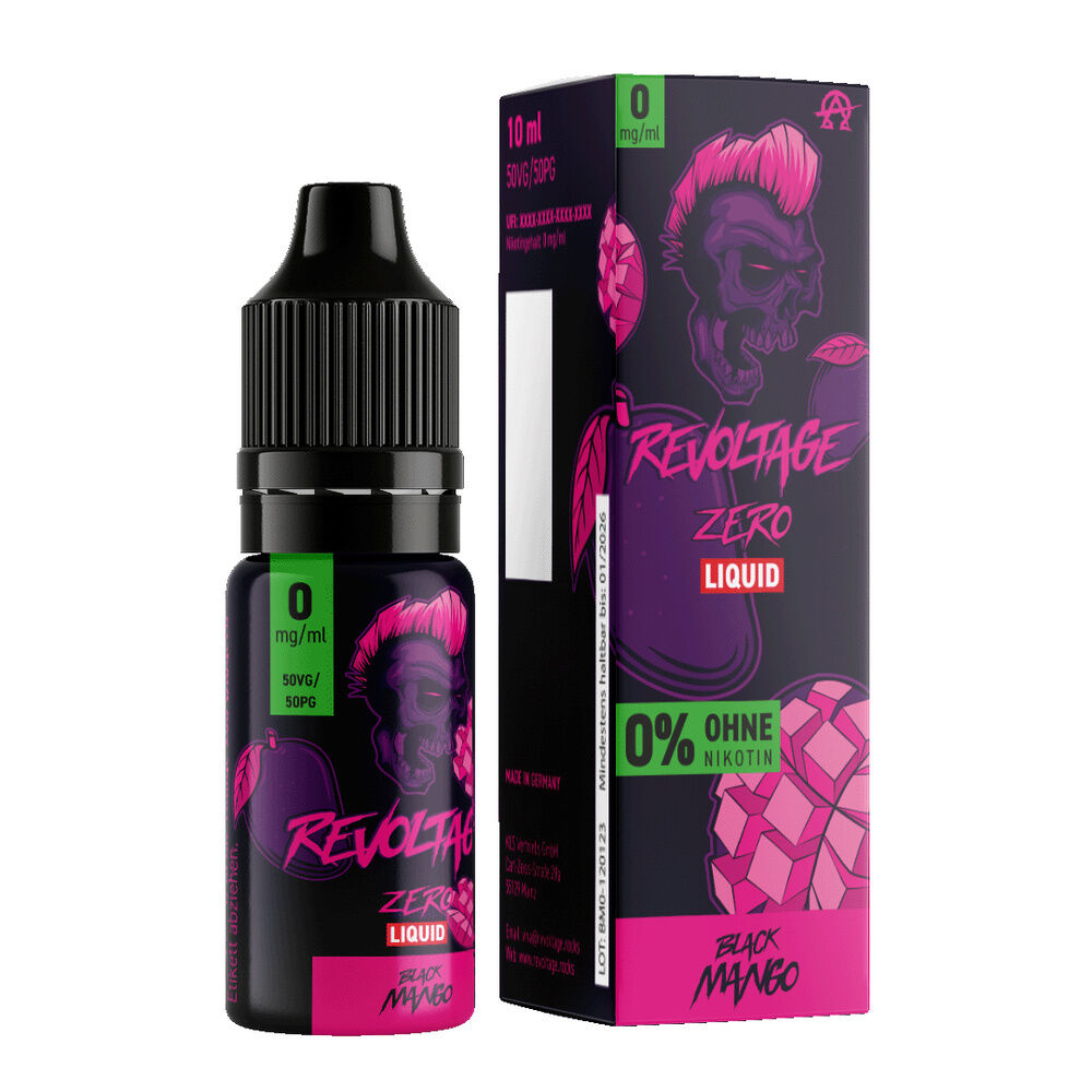 Revoltage Hybrid Liquid - Black Mango E-Flüssigkeit Revoltage Liquid Black Mango 0mg, Flasche und Verpackung mit Totenkopf-Design, "0% ohne Nikotin" Aufschrift sichtbar