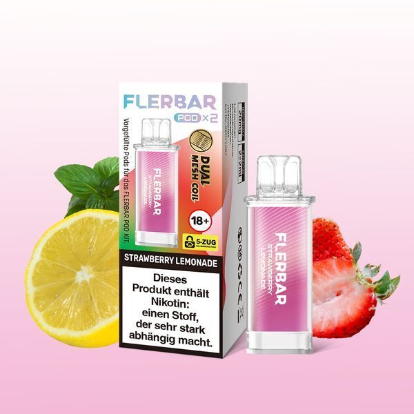 Strawberry Lemonade 20mg - Flerbar Pods Flerbar Pods Strawberry Lemonade 20mg Verpackung und Pod mit Erdbeere und Zitrone auf rosa Hintergrund, enthält Nikotin 18+ Hinweis.