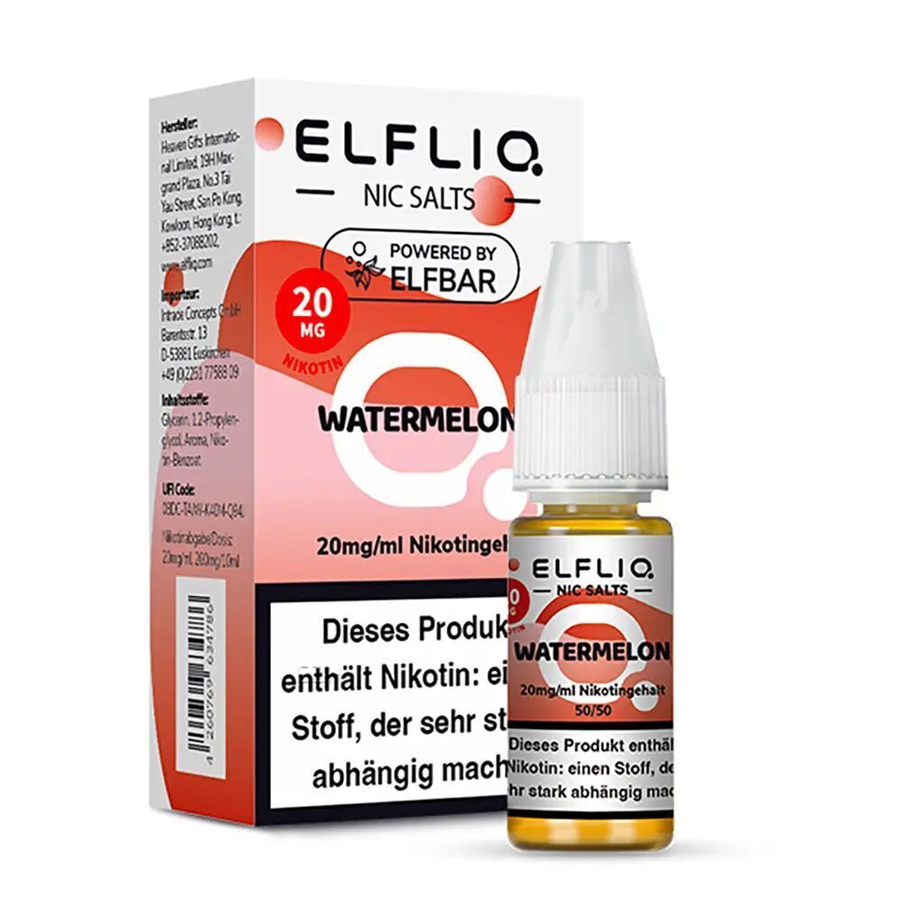 Elfliq Nikotinsalz - Watermelon 20mg Elfliq Nikotinsalz Watermelon 20mg Packung und Flasche, mit auffälligem Watermelon-Schriftzug, enthält Nikotin 20mg/ml Nikotingehalt.