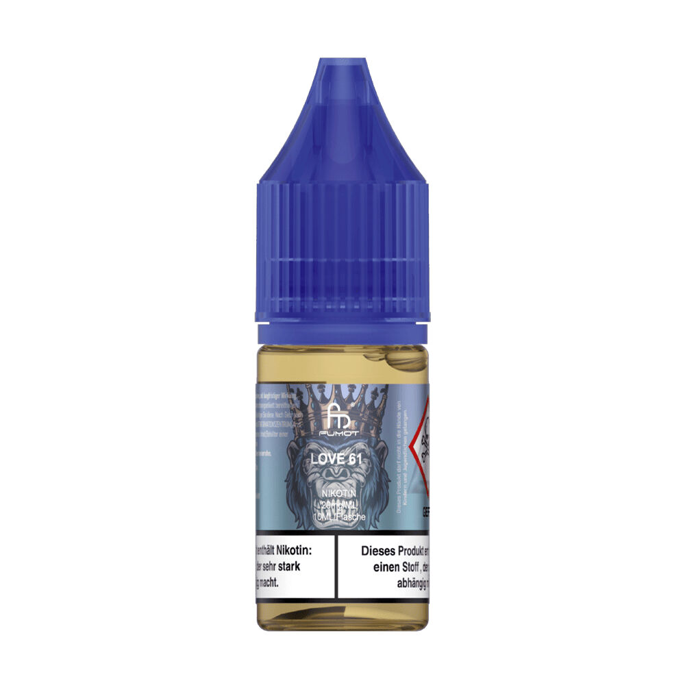 RandM Tornado Nikotinsalz Liquid RandM Tornado Nikotinsalz Liquid Love61 mit 20mg, Flasche mit blauem Verschluss, Etikett zeigt Logo und Warnhinweis zu Nikotingehalt.