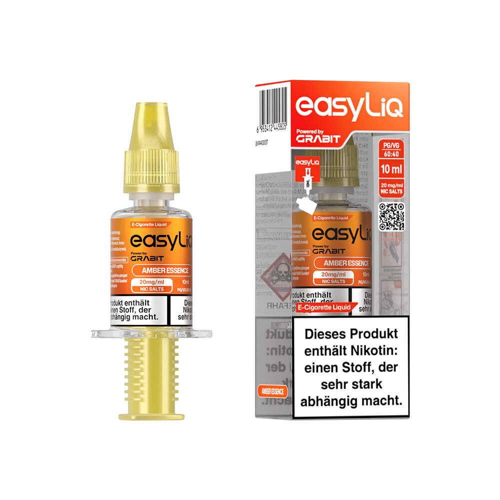Grabit EasyLiQ Liquid - 20mg Nikotinsalz Grabit EasyLiQ Liquid 20mg Nikotinsalz Flasche neben der Verpackung, gelber Verschluss, orange Etikett mit Warnhinweis auf Nikotinabhängigkeit.